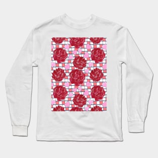 Red Roses, Hearts on Plaid Pattern Long Sleeve T-Shirt